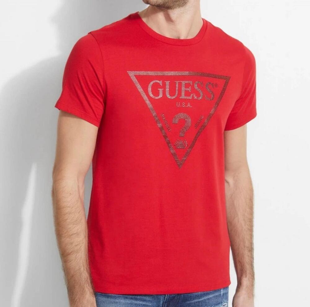 Guess Men's Red V-Neck Graphic Logo T-Shirt Fitted Cotton Tee Medium